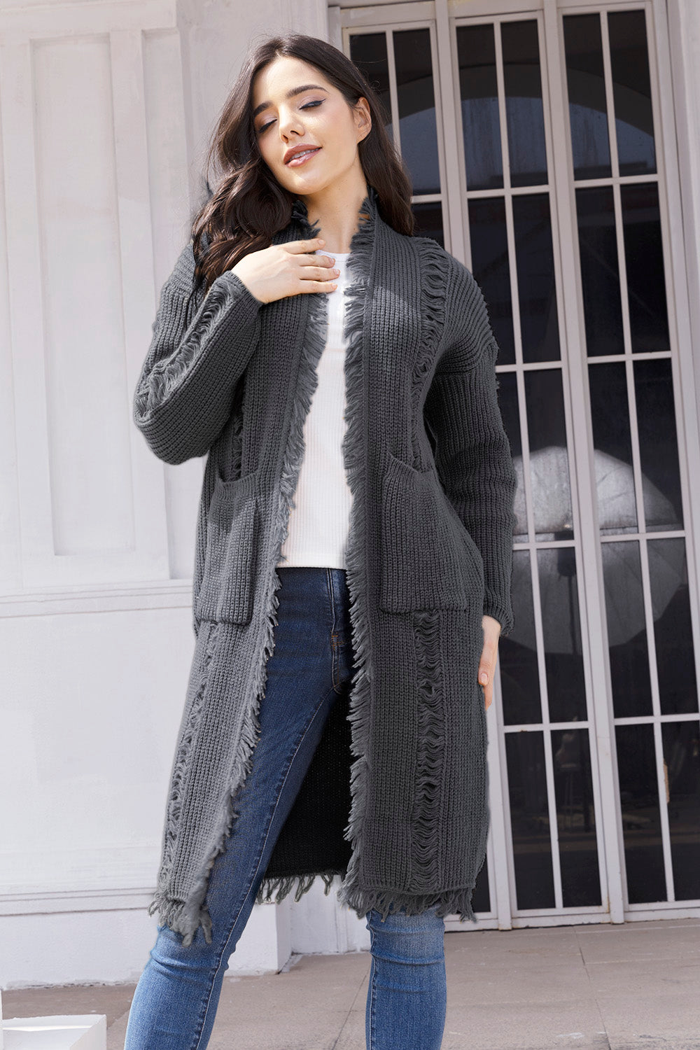 Fringe Trim Open Front Cardigan with Pockets