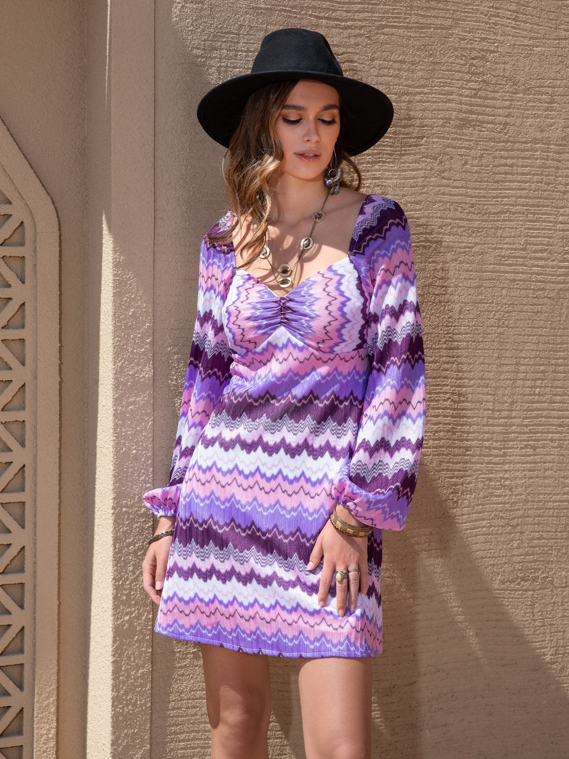 Printed Sweetheart Neck Balloon Sleeve Dress