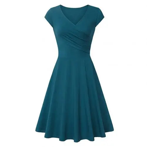 Fashion Elegant Dress Women Solid Color V Neck Short Sleeve Plated Swing Party Banquet Dress