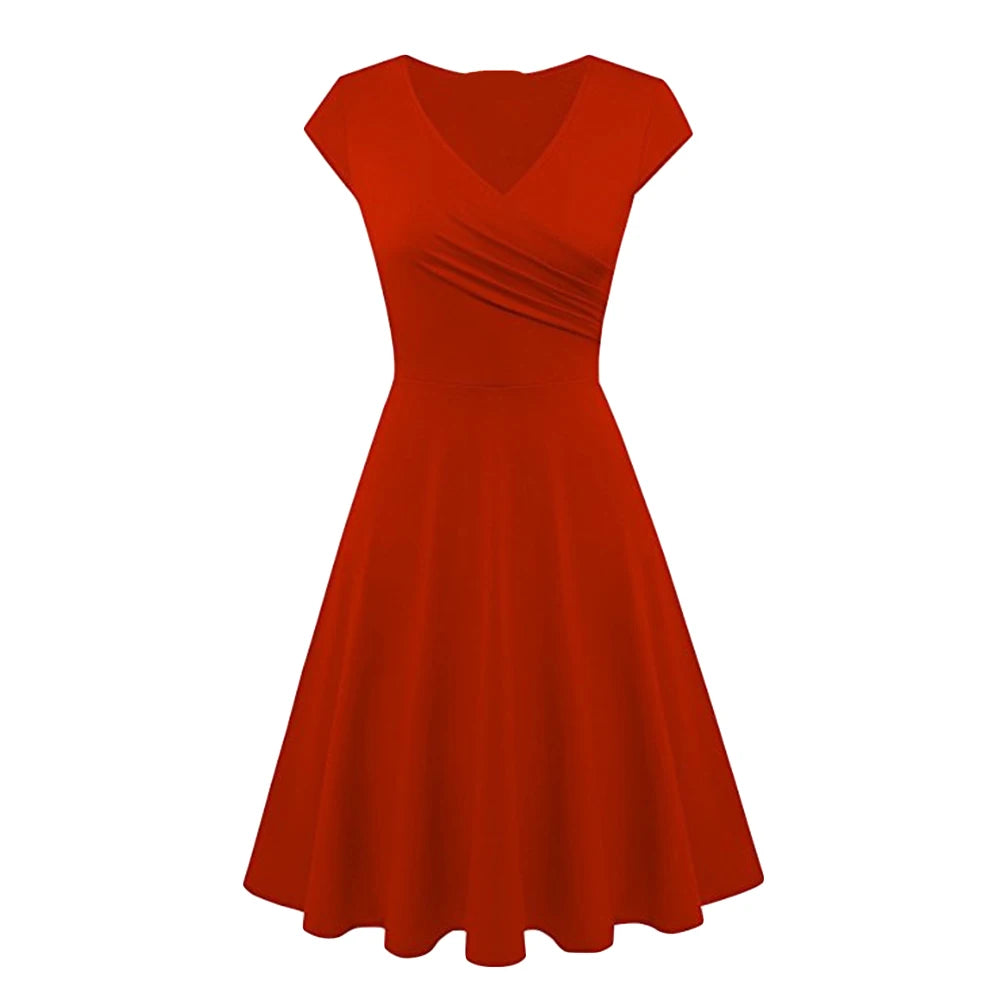 Fashion Elegant Dress Women Solid Color V Neck Short Sleeve Plated Swing Party Banquet Dress