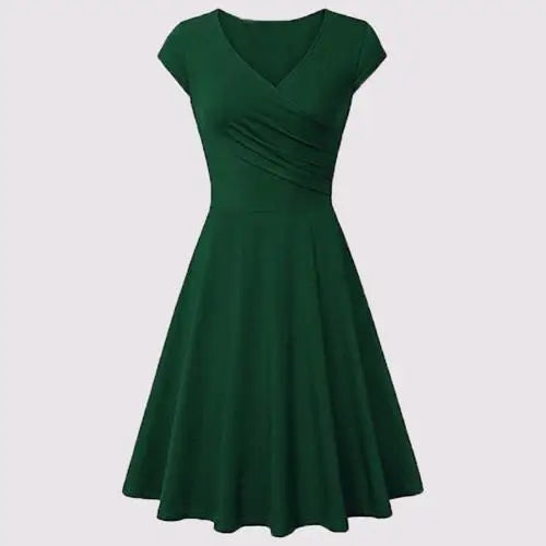 Fashion Elegant Dress Women Solid Color V Neck Short Sleeve Plated Swing Party Banquet Dress