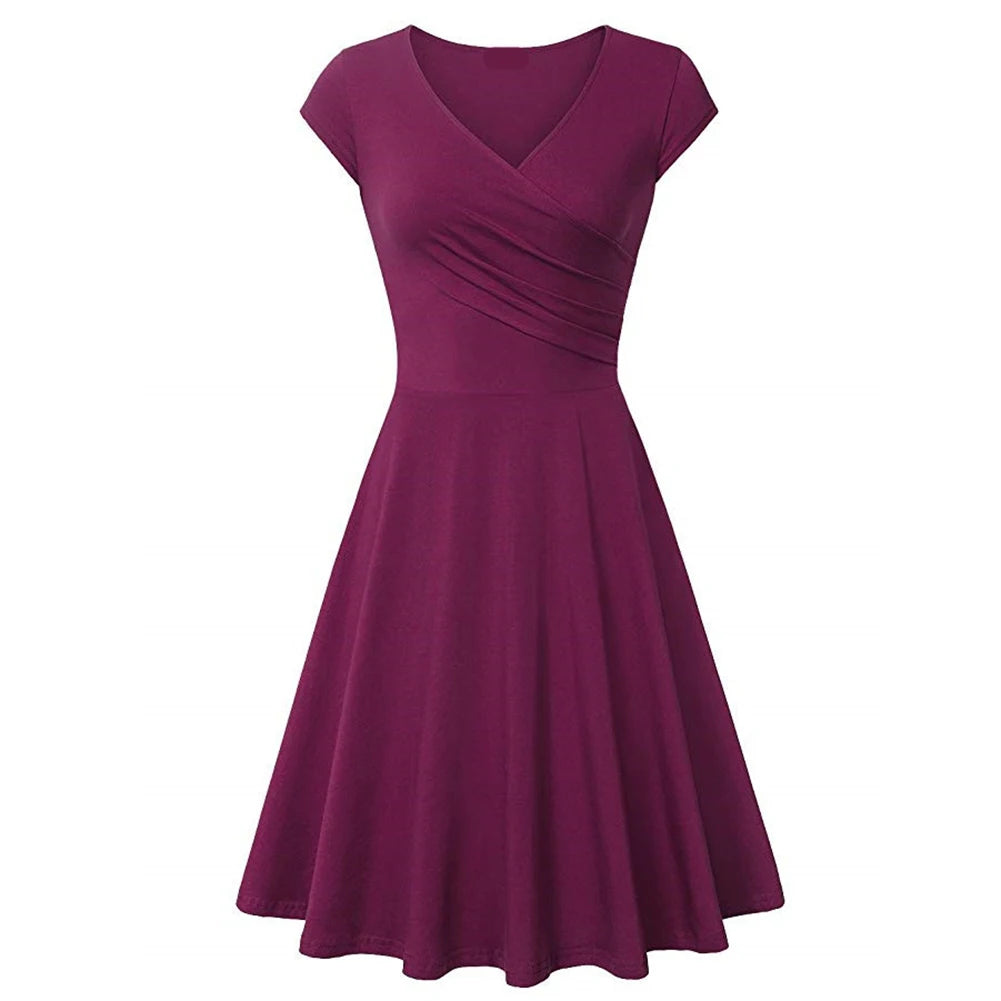 Fashion Elegant Dress Women Solid Color V Neck Short Sleeve Plated Swing Party Banquet Dress