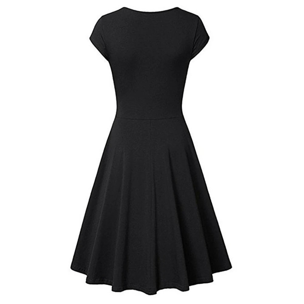 Fashion Elegant Dress Women Solid Color V Neck Short Sleeve Plated Swing Party Banquet Dress