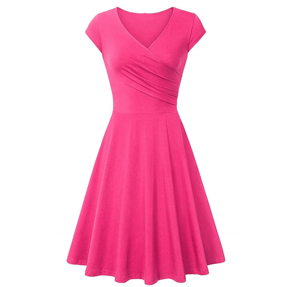 Fashion Elegant Dress Women Solid Color V Neck Short Sleeve Plated Swing Party Banquet Dress