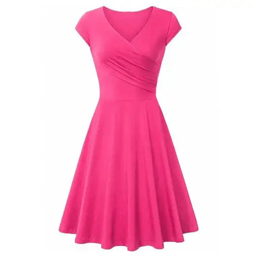 Fashion Elegant Dress Women Solid Color V Neck Short Sleeve Plated Swing Party Banquet Dress