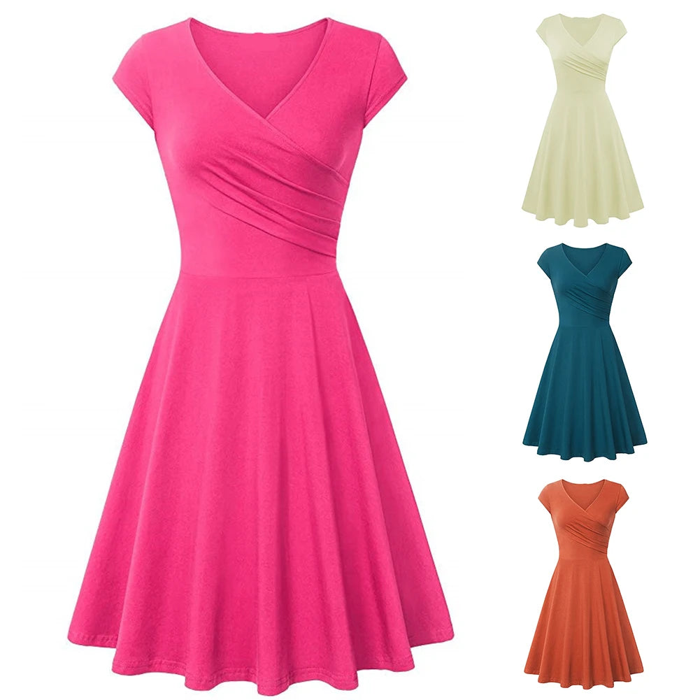 Fashion Elegant Dress Women Solid Color V Neck Short Sleeve Plated Swing Party Banquet Dress