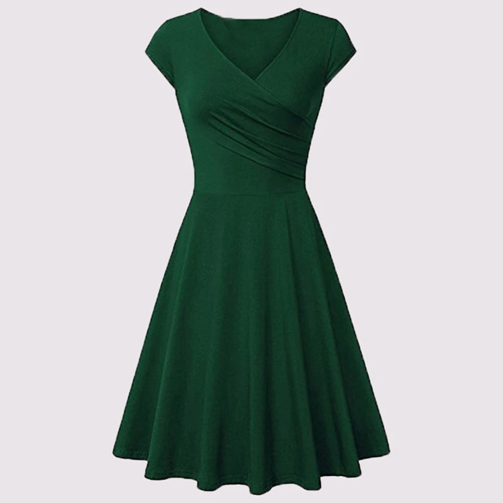 Fashion Elegant Dress Women Solid Color V Neck Short Sleeve Plated Swing Party Banquet Dress