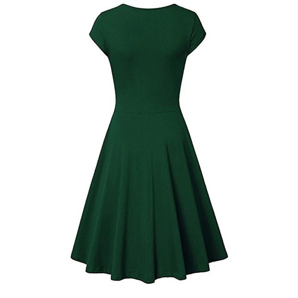 Fashion Elegant Dress Women Solid Color V Neck Short Sleeve Plated Swing Party Banquet Dress