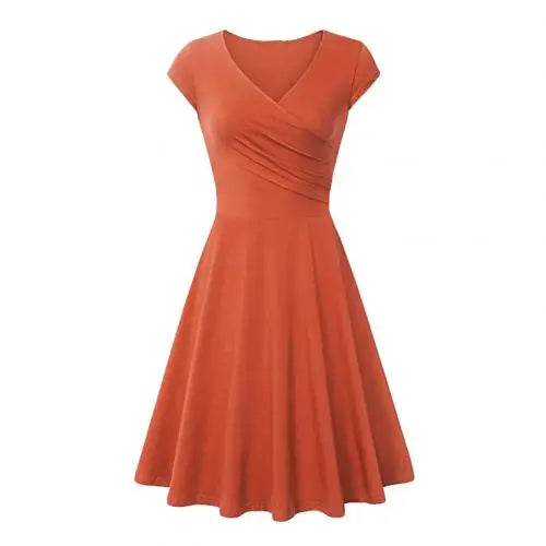 Fashion Elegant Dress Women Solid Color V Neck Short Sleeve Plated Swing Party Banquet Dress