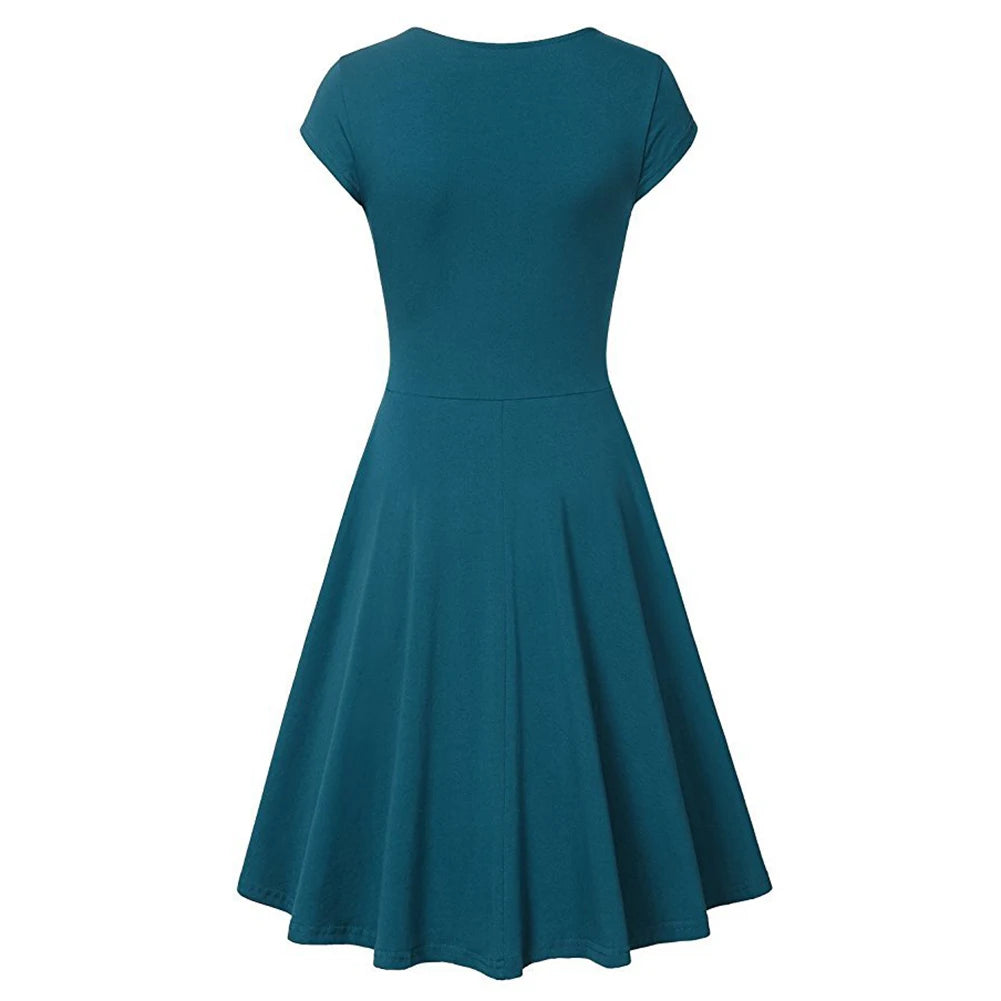 Fashion Elegant Dress Women Solid Color V Neck Short Sleeve Plated Swing Party Banquet Dress