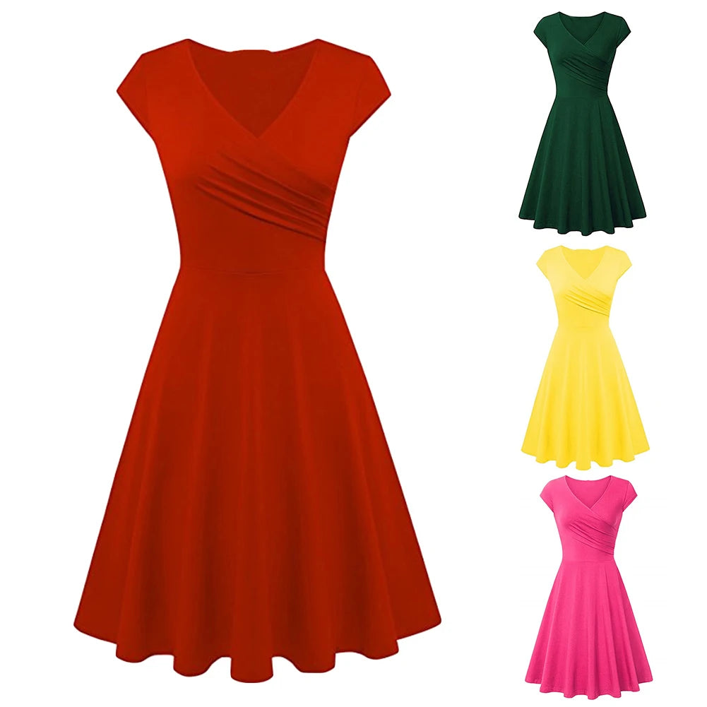 Fashion Elegant Dress Women Solid Color V Neck Short Sleeve Plated Swing Party Banquet Dress