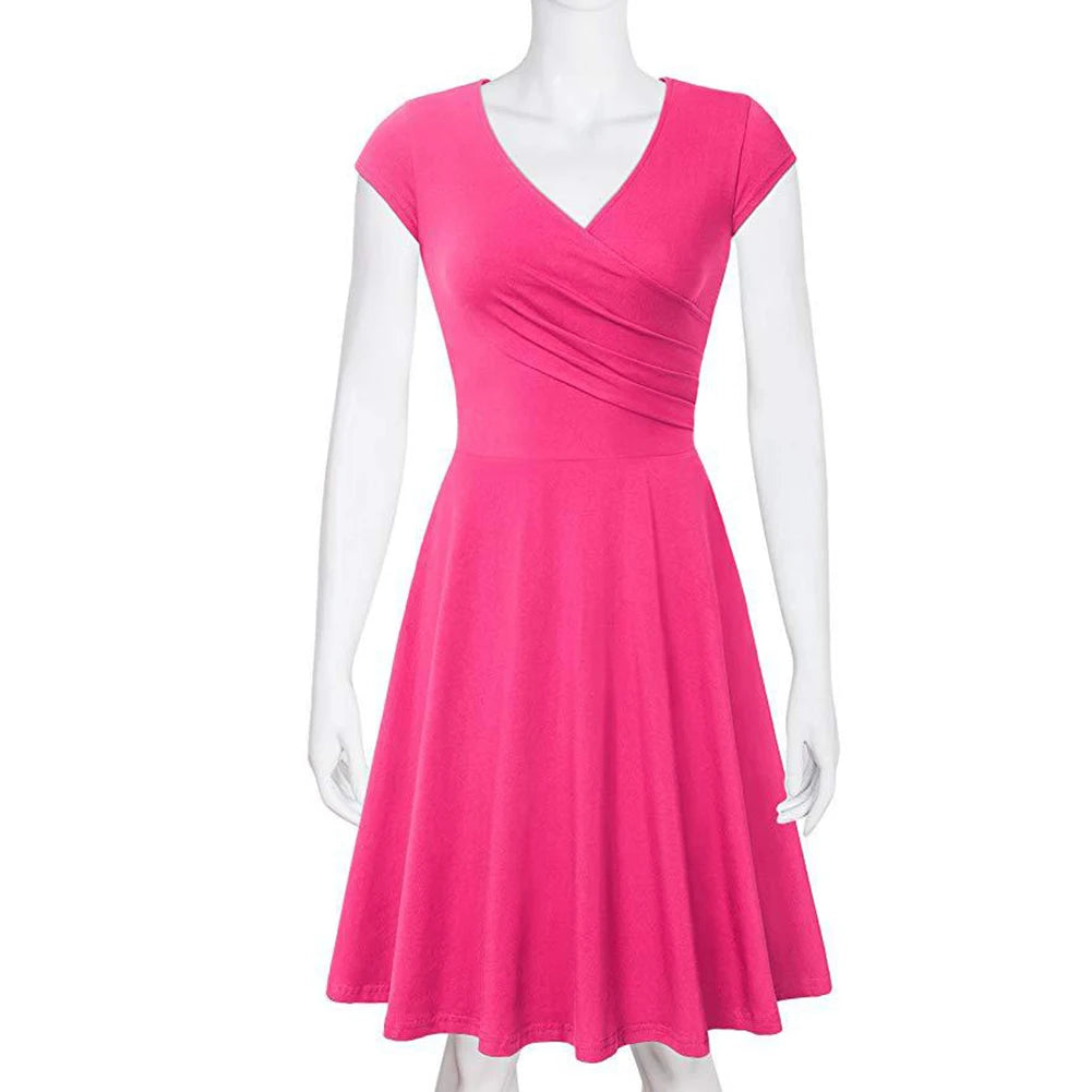 Fashion Elegant Dress Women Solid Color V Neck Short Sleeve Plated Swing Party Banquet Dress