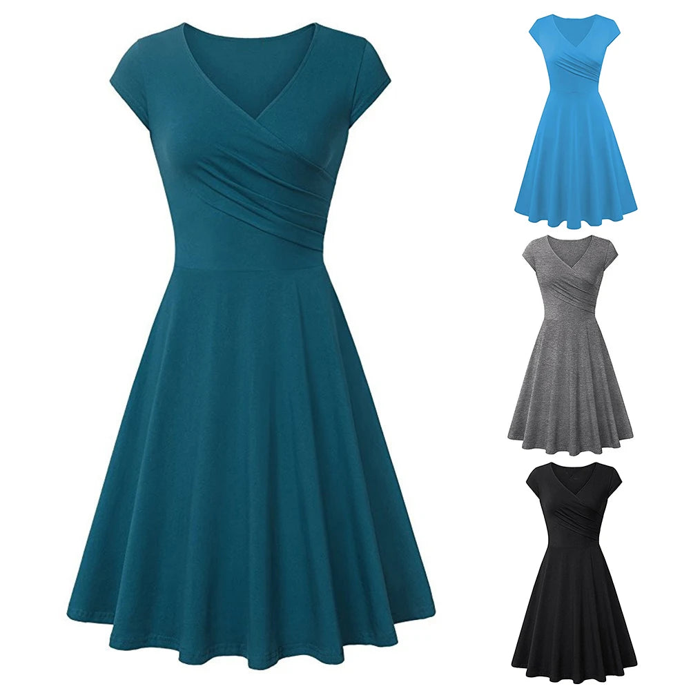 Fashion Elegant Dress Women Solid Color V Neck Short Sleeve Plated Swing Party Banquet Dress