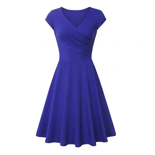 Fashion Elegant Dress Women Solid Color V Neck Short Sleeve Plated Swing Party Banquet Dress