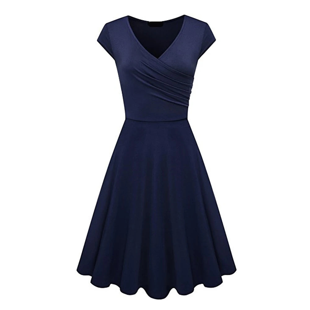 Fashion Elegant Dress Women Solid Color V Neck Short Sleeve Plated Swing Party Banquet Dress