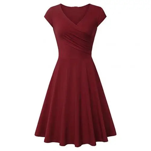 Fashion Elegant Dress Women Solid Color V Neck Short Sleeve Plated Swing Party Banquet Dress