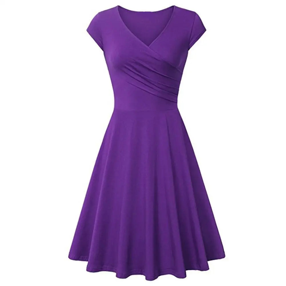 Fashion Elegant Dress Women Solid Color V Neck Short Sleeve Plated Swing Party Banquet Dress