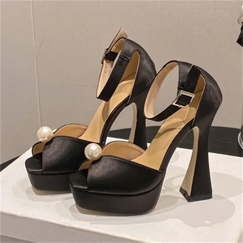 Eilyken Fashion Satin String Bead Peep Toe Platform Woman Sandals Elegant Ankle Buckle Strap Square High Heels Party Shoes