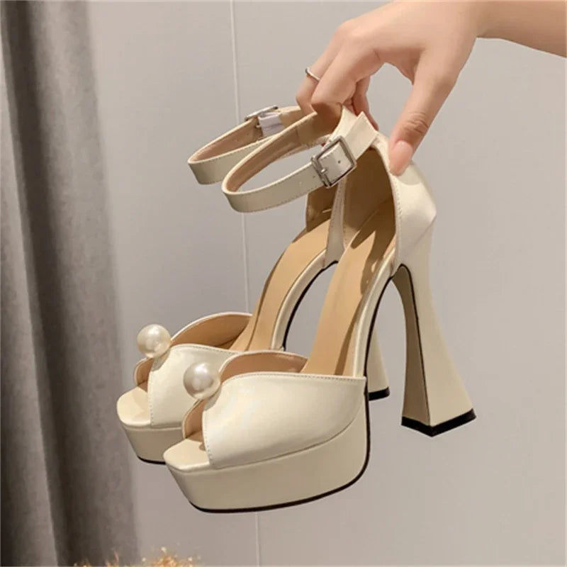 Eilyken Fashion Satin String Bead Peep Toe Platform Woman Sandals Elegant Ankle Buckle Strap Square High Heels Party Shoes